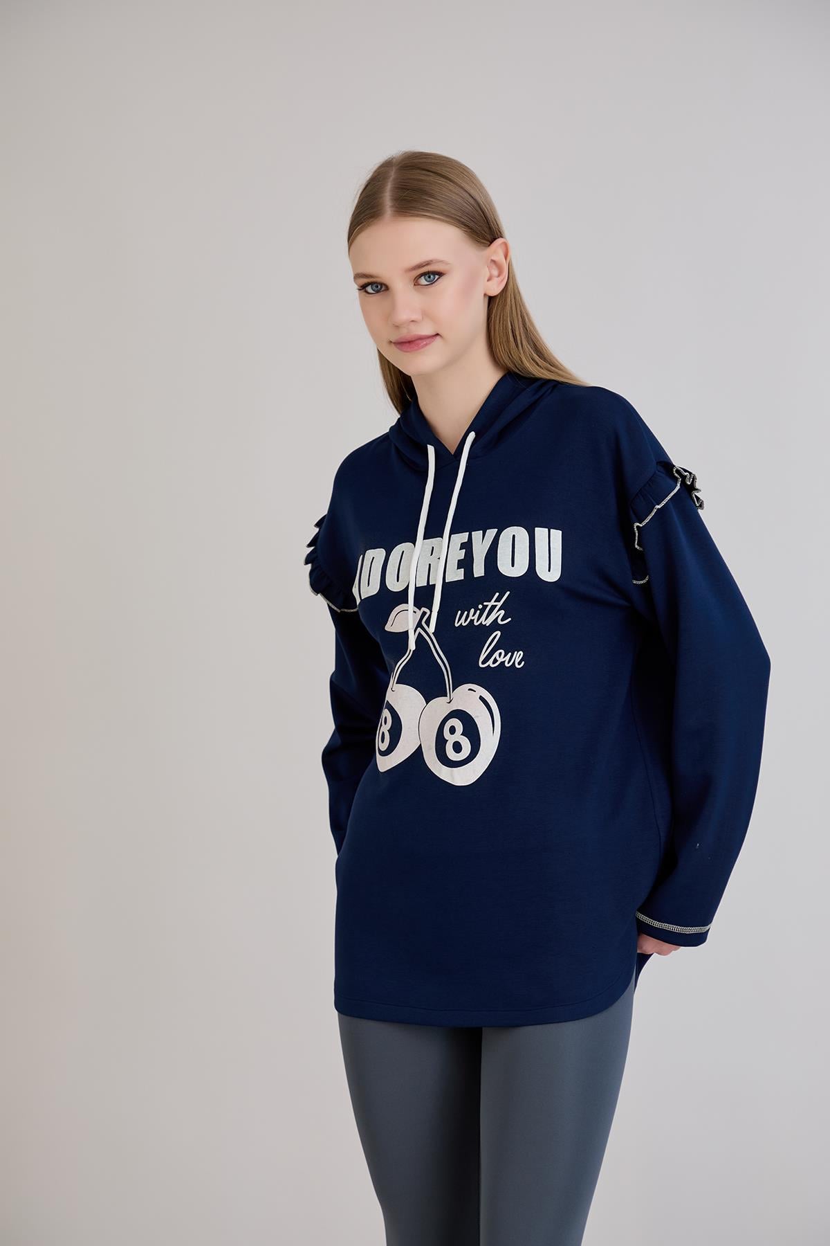 Kiraz Baskılı Kapşonlu Sweatshirt İndigo