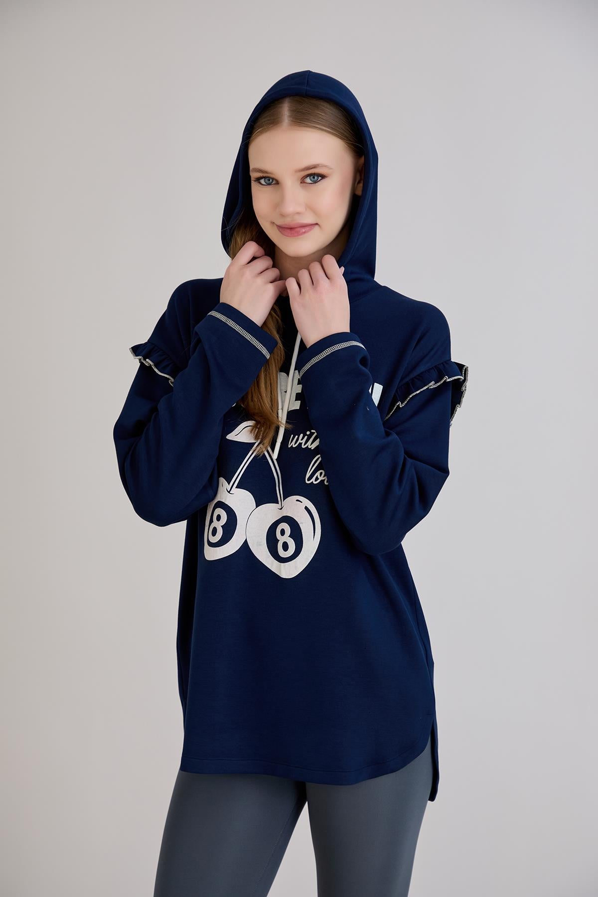 Kiraz Baskılı Kapşonlu Sweatshirt İndigo