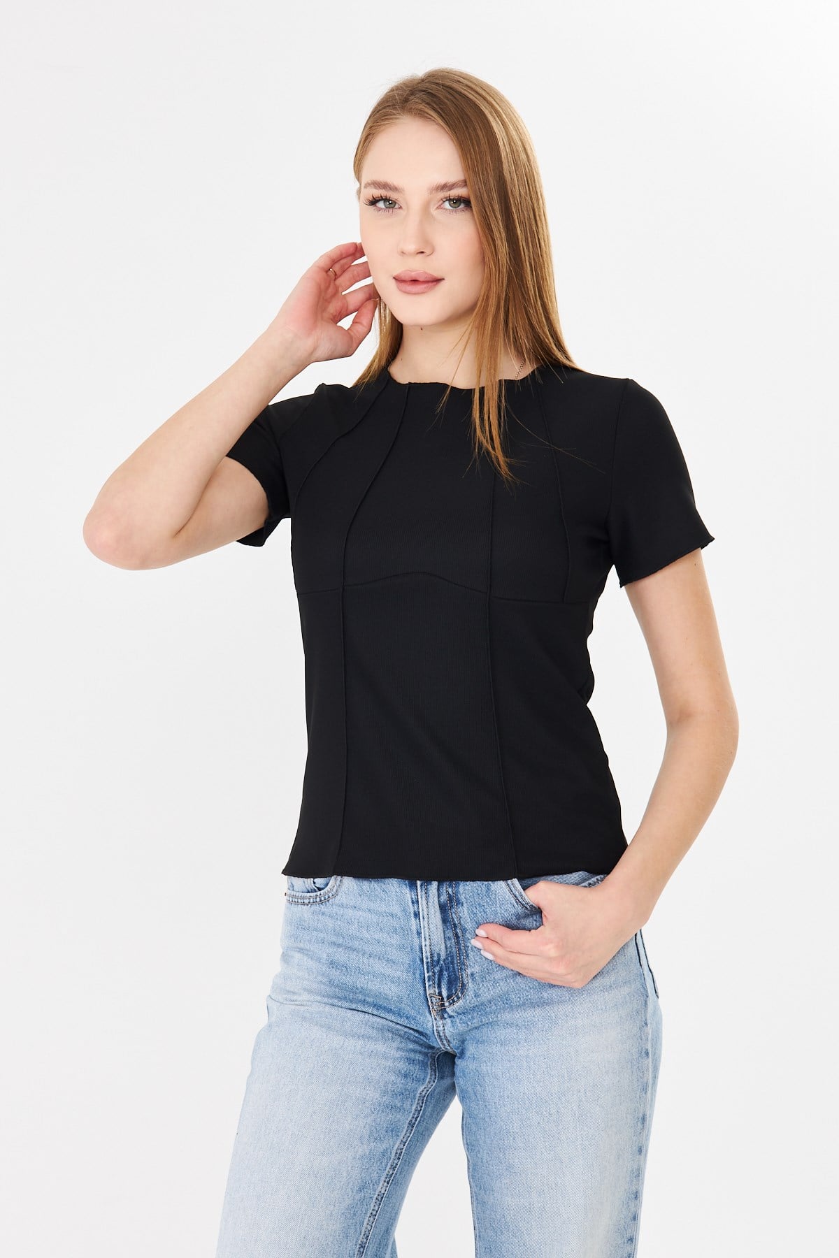 Korset Görünümlü Dikiş Detaylı Fitilli Basic Tshirt Siyah