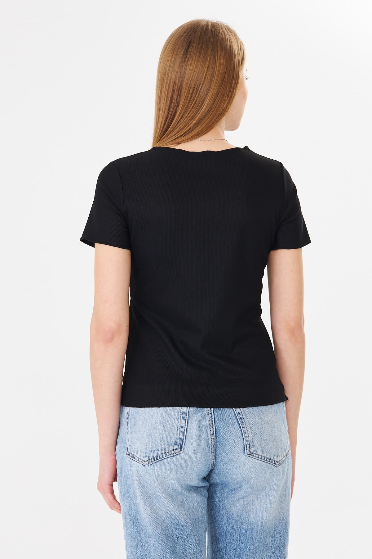 Korset Görünümlü Dikiş Detaylı Fitilli Basic Tshirt Siyah