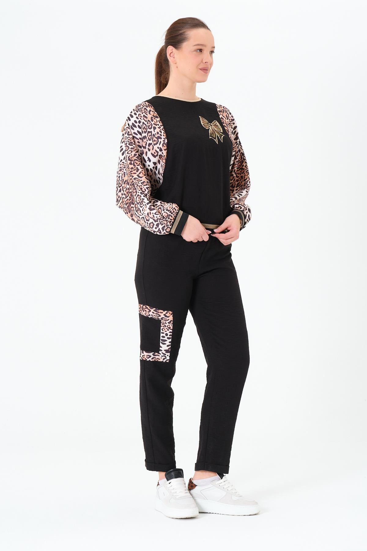 Leopar Garnili Gömlek ve Pantolon Takım Siyah