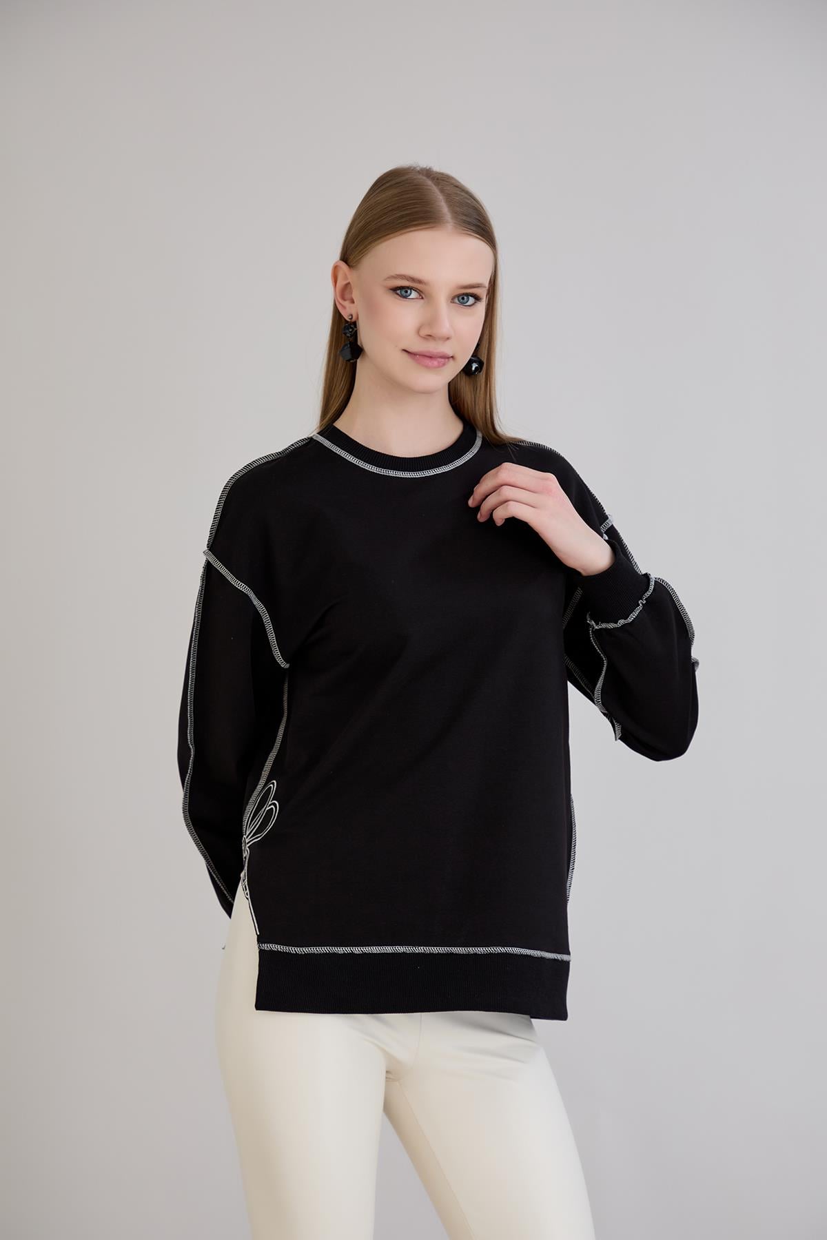 Overlok Dikişli Sweatshirt Siyah