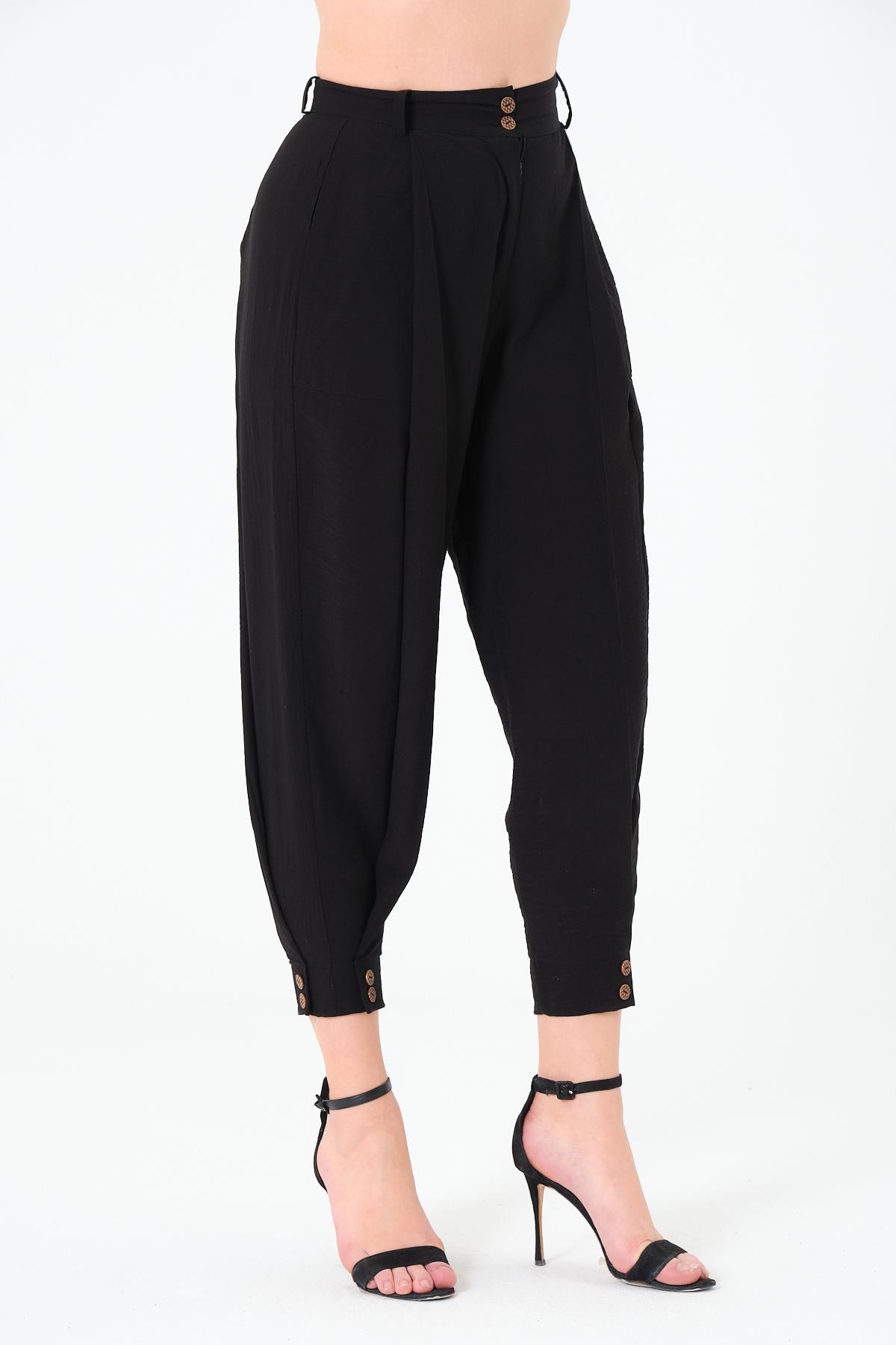 Paça Düğmeli Pantolon Siyah