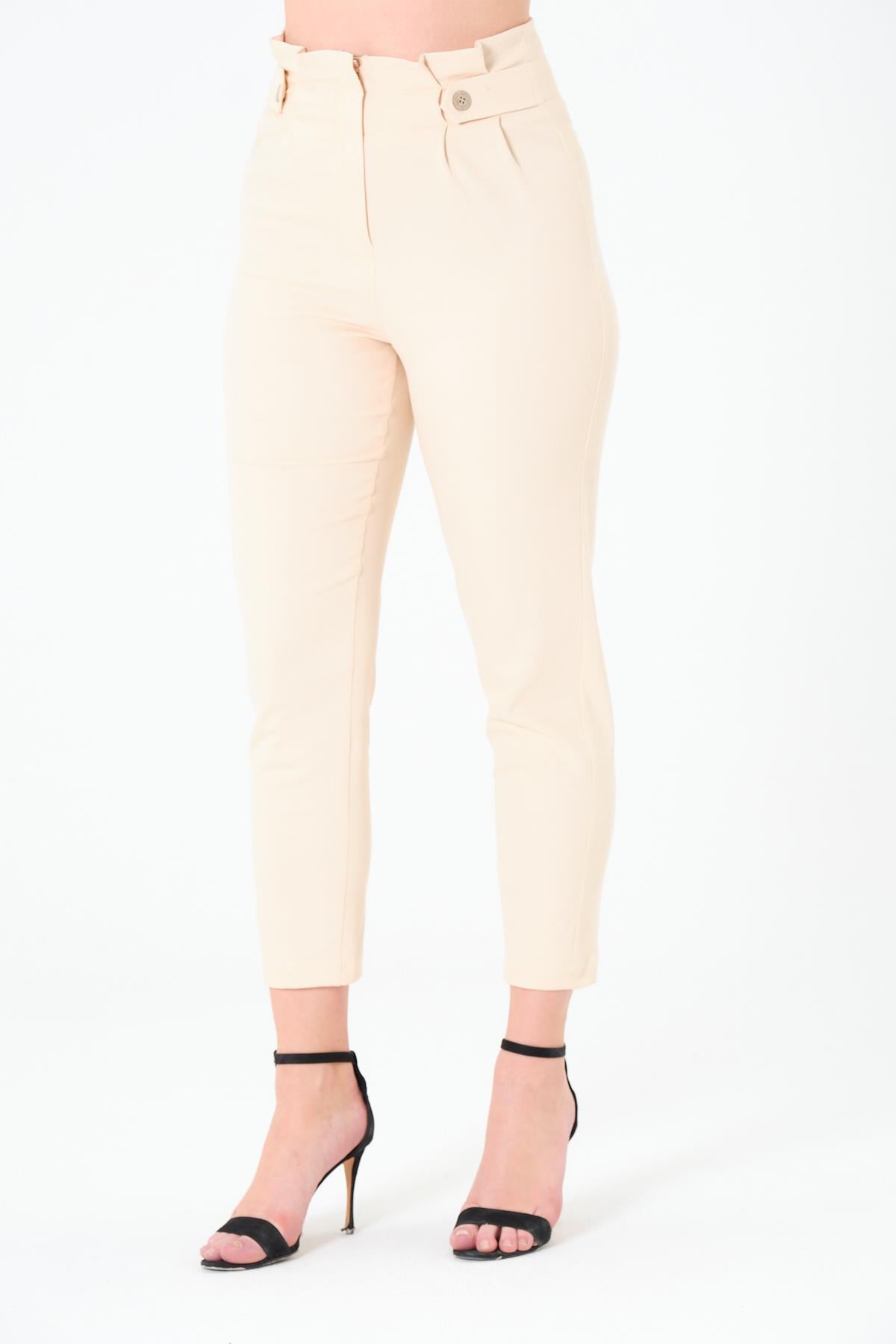 Pileli Gabardin Pantolon Açık Bej