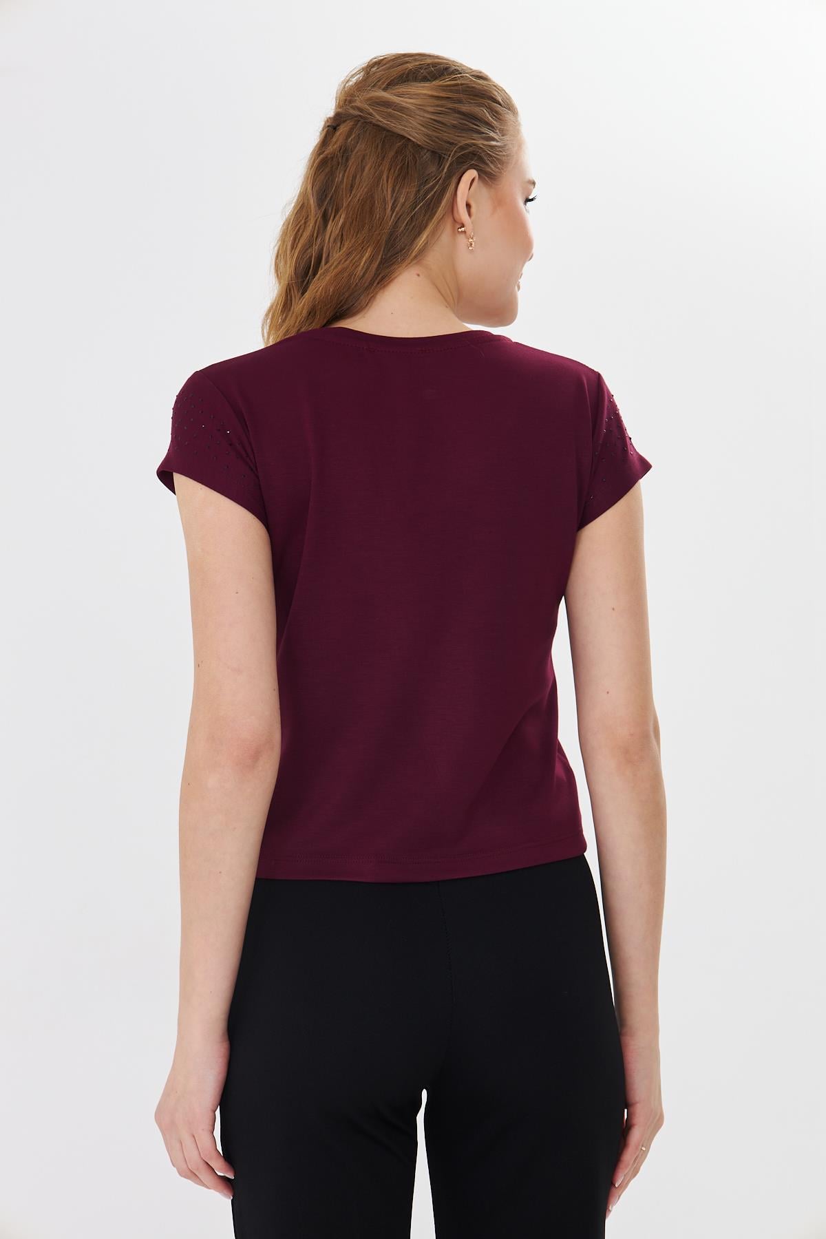 Serpme Taşlı Modal Tshirt Bordo