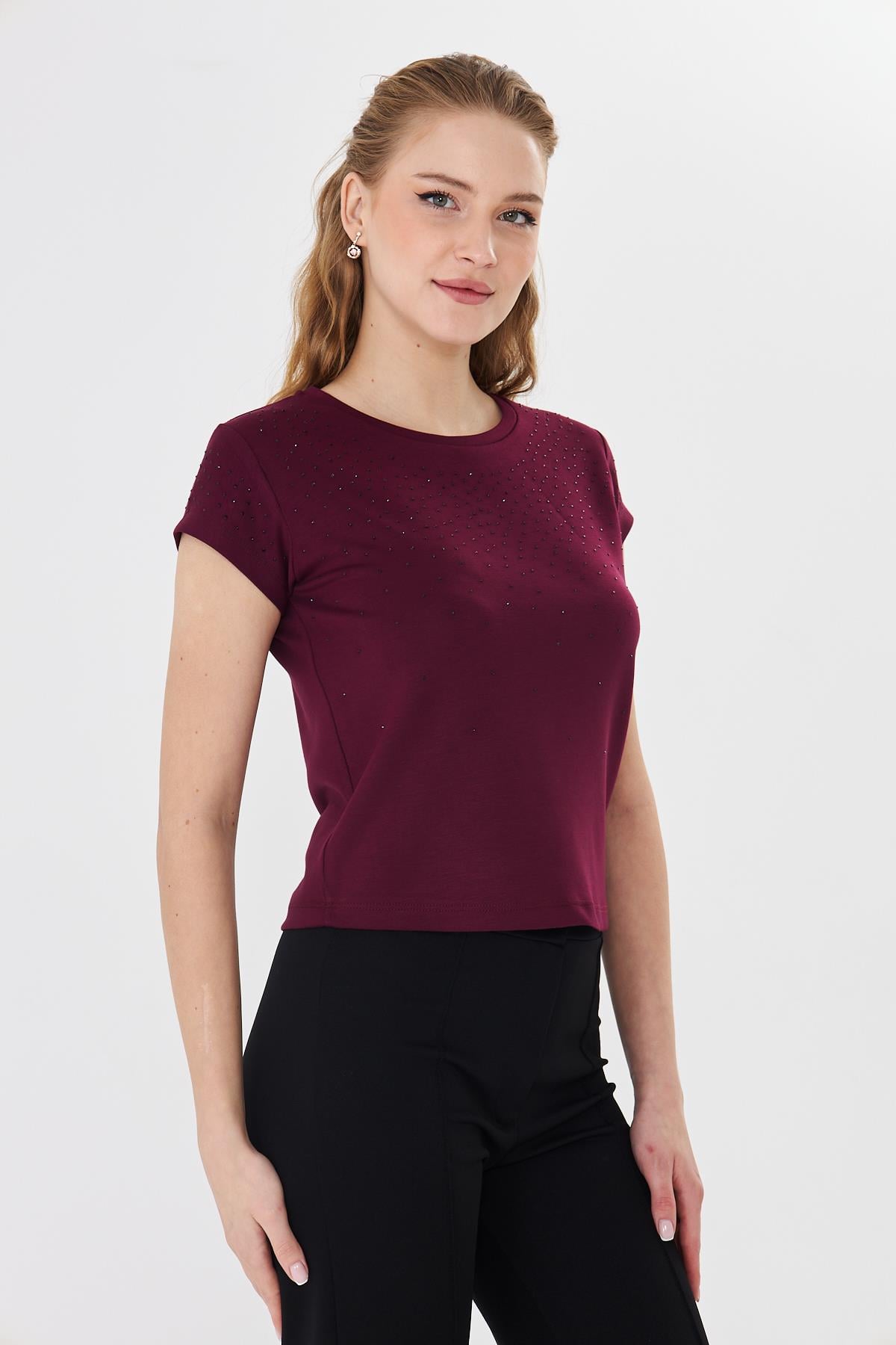 Serpme Taşlı Modal Tshirt Bordo