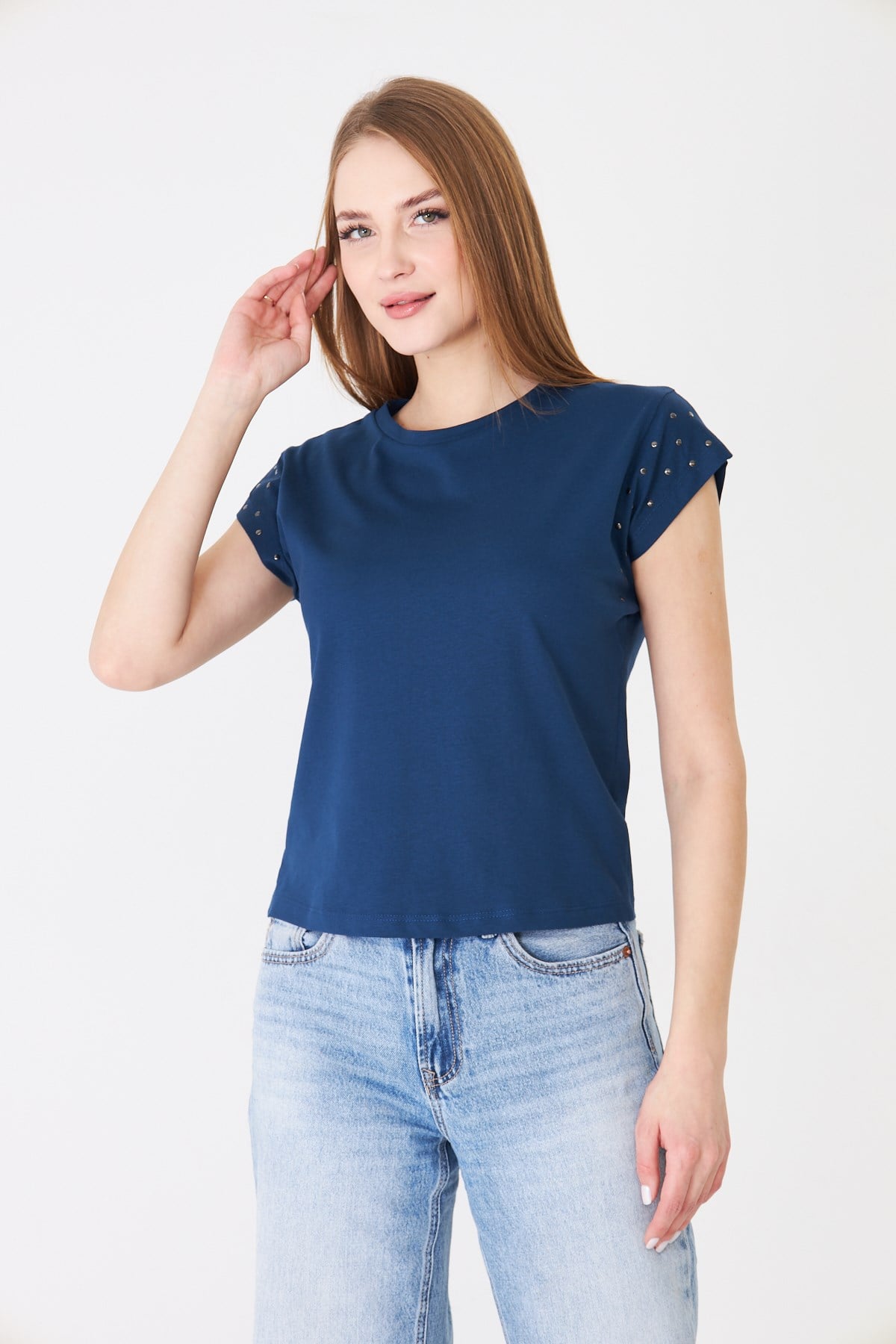 Taş Detaylı Düşük Kollu Rahat Kalıp Basic Tshirt İndigo