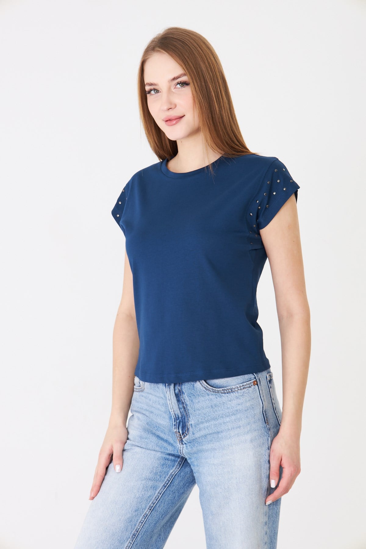 Taş Detaylı Düşük Kollu Rahat Kalıp Basic Tshirt İndigo