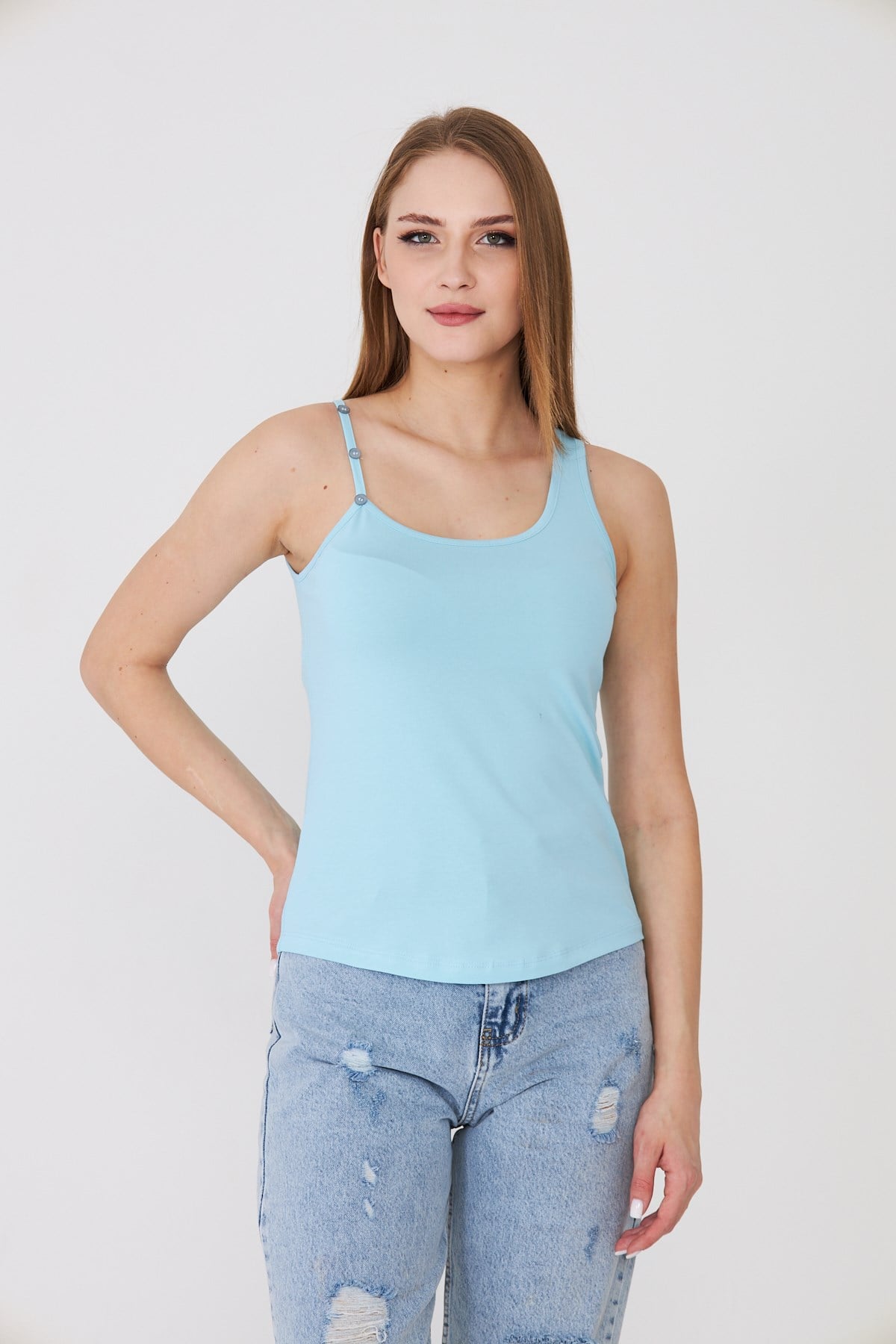 Tek Omuz Düğme Detaylı Atlet Mavi