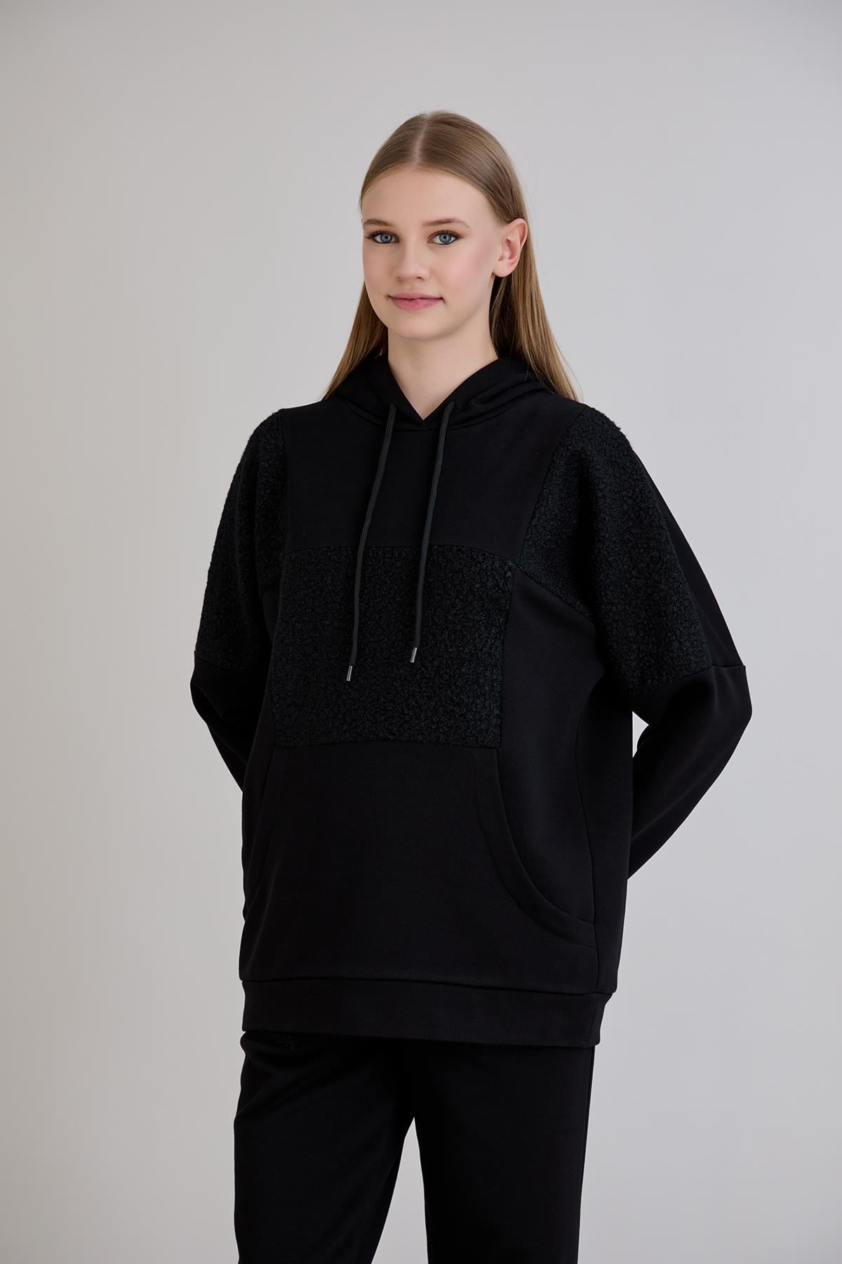 Triko Buklet Garnili Eşofman Alt Üst TakımSweatshirt Siyah