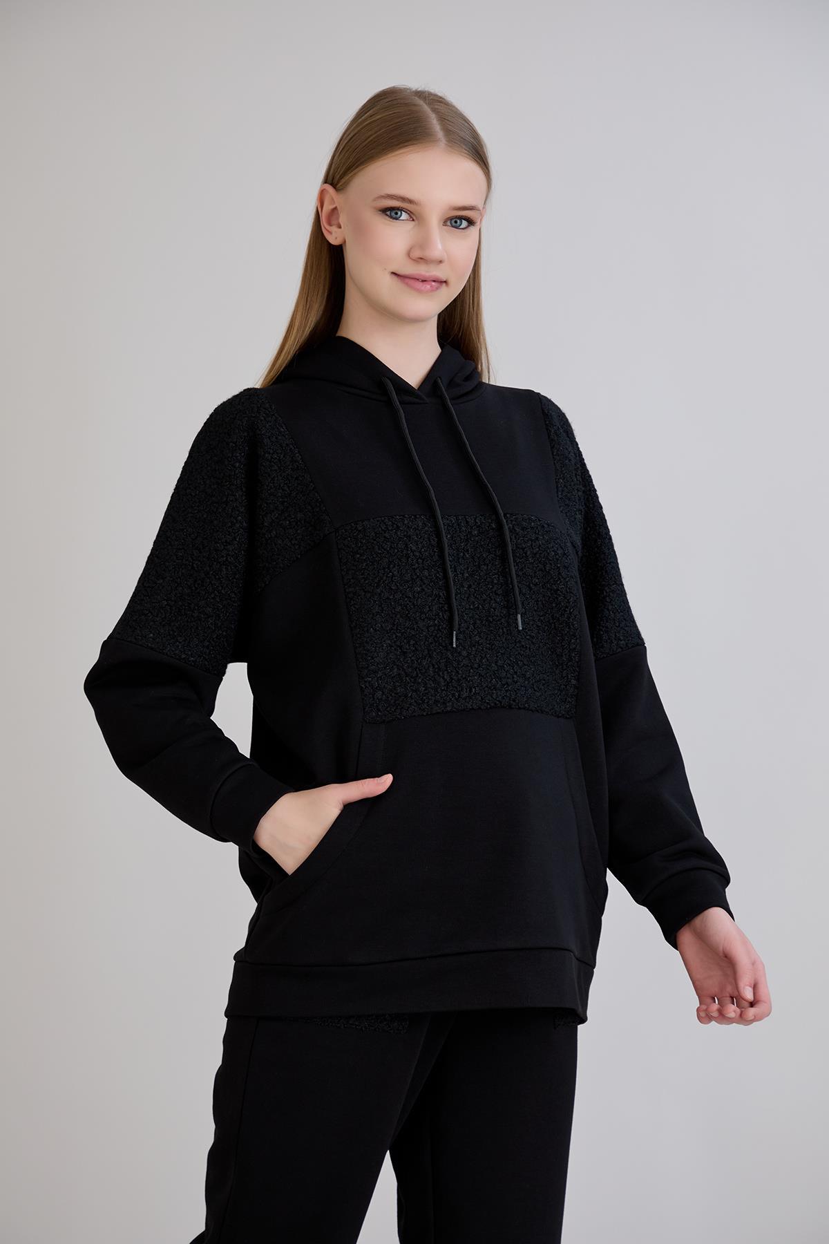 Triko Buklet Garnili Eşofman Alt Üst TakımSweatshirt Siyah