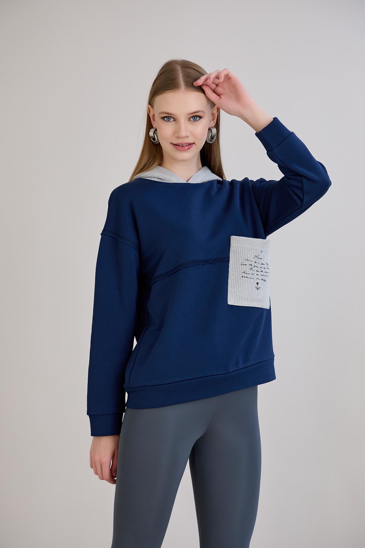 Triko Garnili Kapüşonlu Üç İplik Sweatshirt İndigo