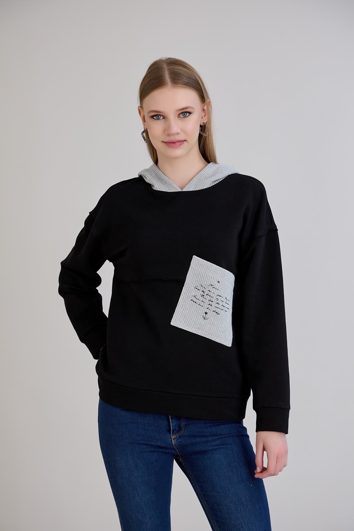 Triko Garnili Kapüşonlu Üç İplik Sweatshirt Siyah
