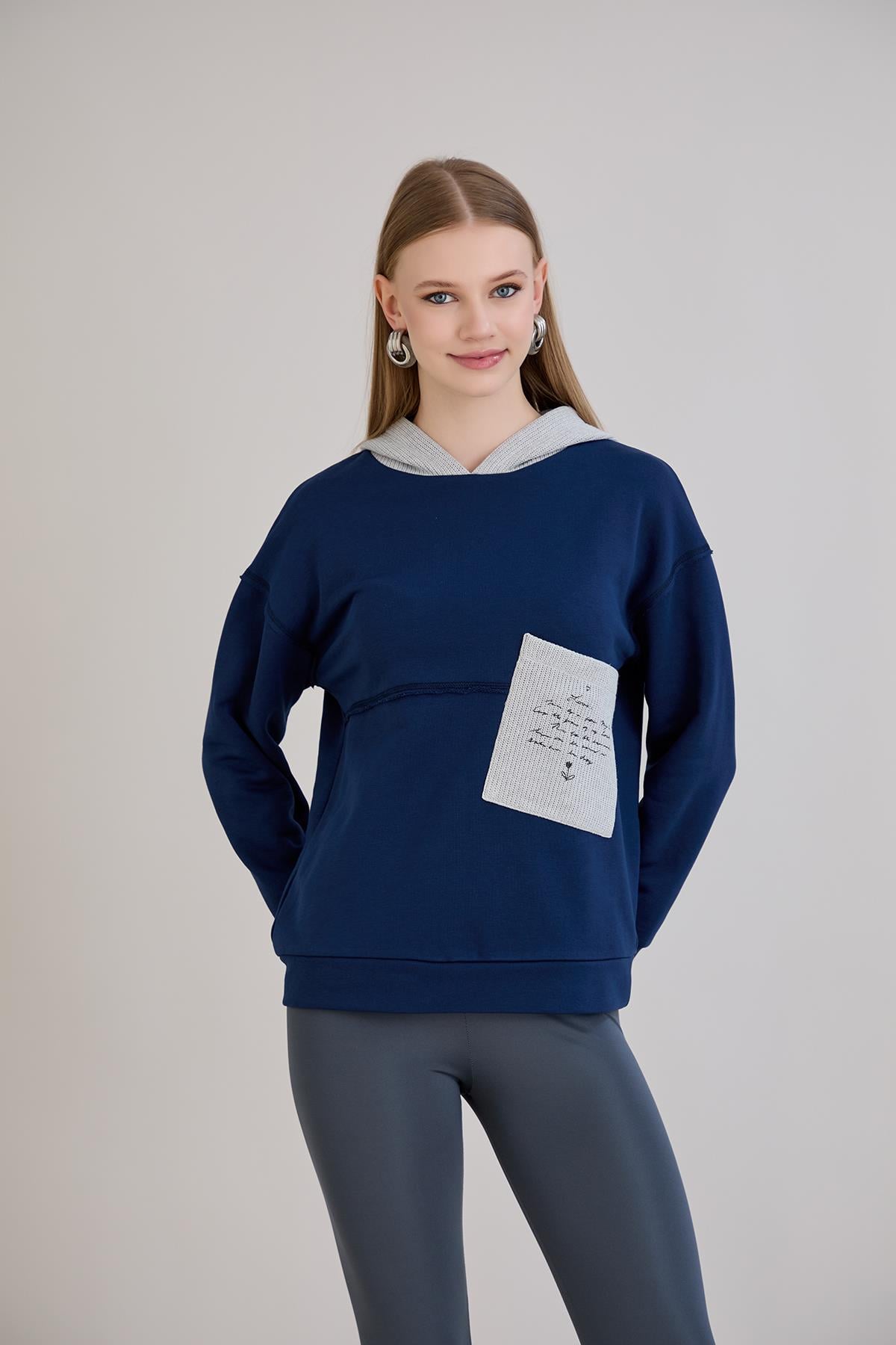 Triko Garnili Kapüşonlu Üç İplik Sweatshirt İndigo