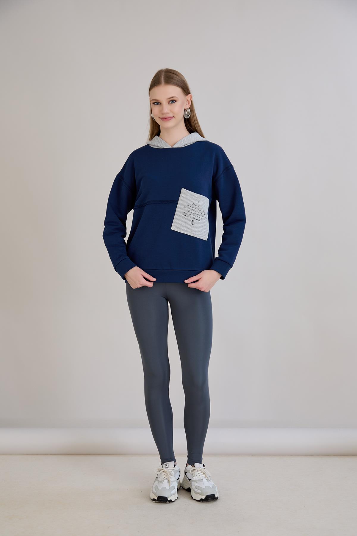 Triko Garnili Kapüşonlu Üç İplik Sweatshirt İndigo