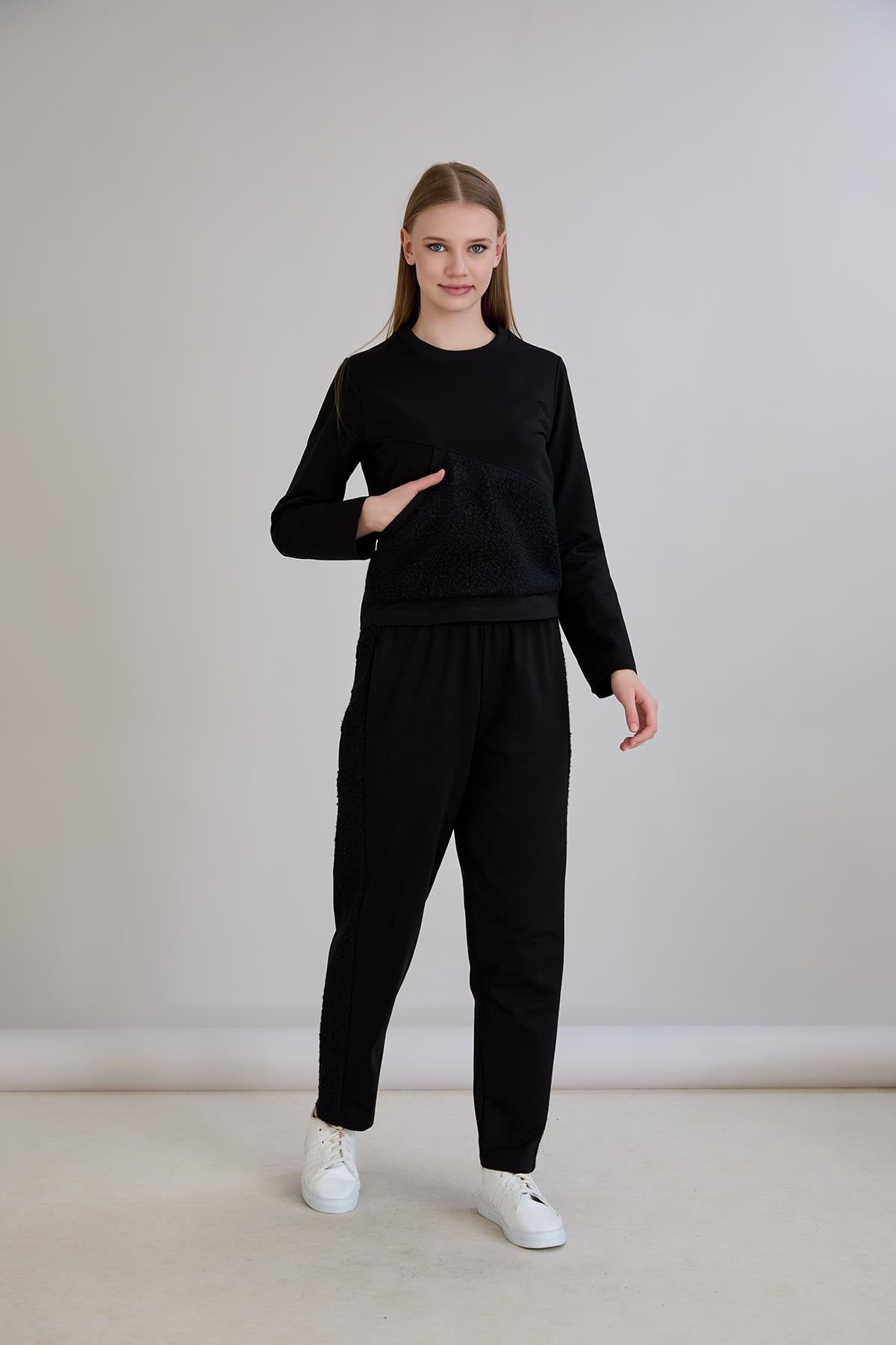 Triko Garnili Sweatshirt Siyah