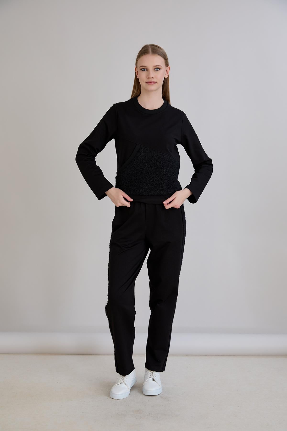Triko Garnili Sweatshirt Siyah