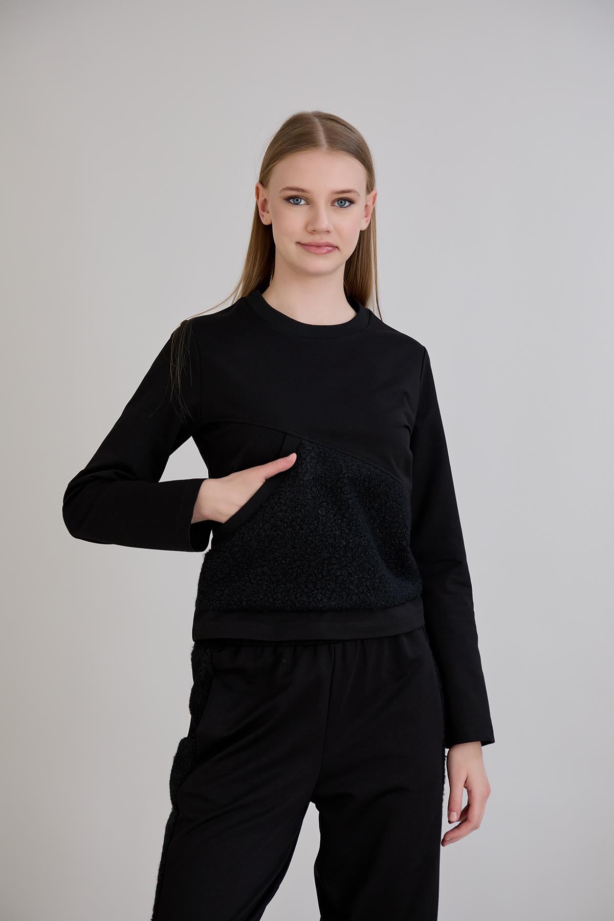 Triko Garnili Sweatshirt Siyah
