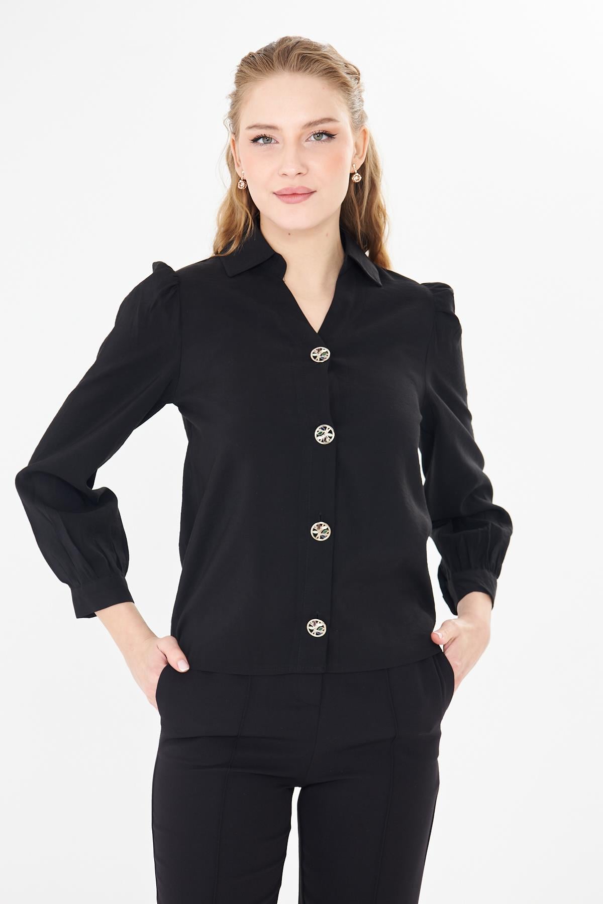 V Yaka Gömlek Siyah