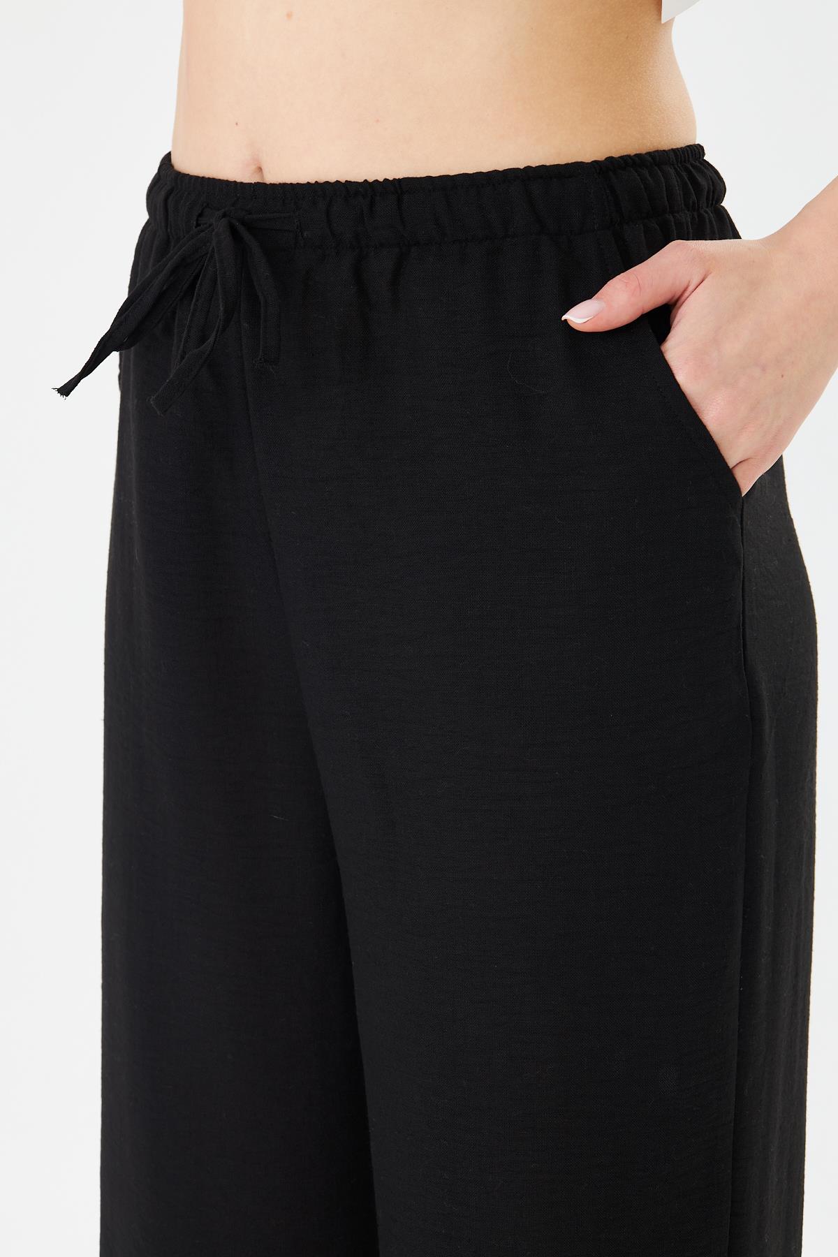 232- Beli Lastikli Keten Pantolon Siyah