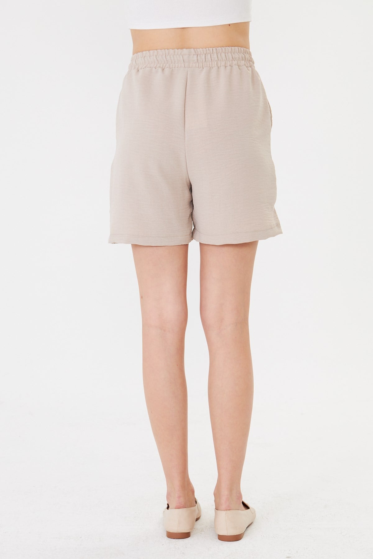 Yüksek Bel Lastikli Cepli Ayrobin Şort Taş
