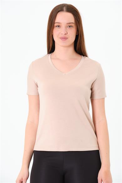 218 - Modal  V  Yaka Tshirt Bej