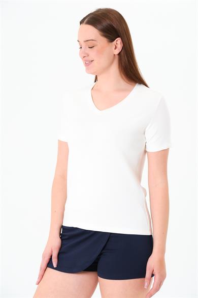 218 - Modal  V  Yaka Tshirt Ekru