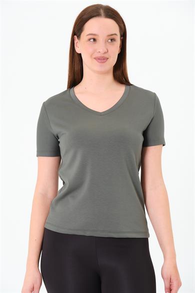 V Yaka Premium Modal Kumaş Basic Tişört - Haki