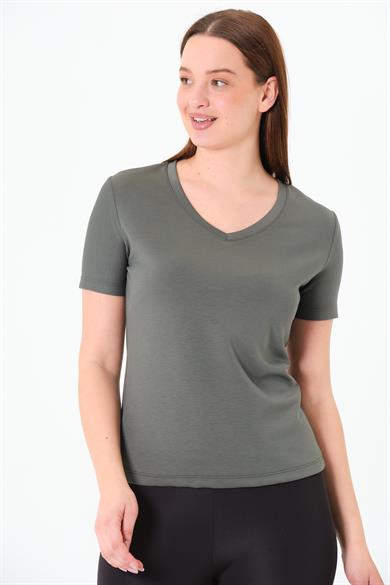 V Yaka Premium Modal Kumaş Basic Tişört - Haki