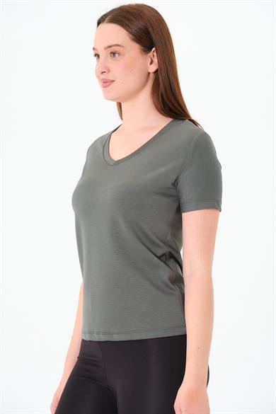 V Yaka Premium Modal Kumaş Basic Tişört - Haki