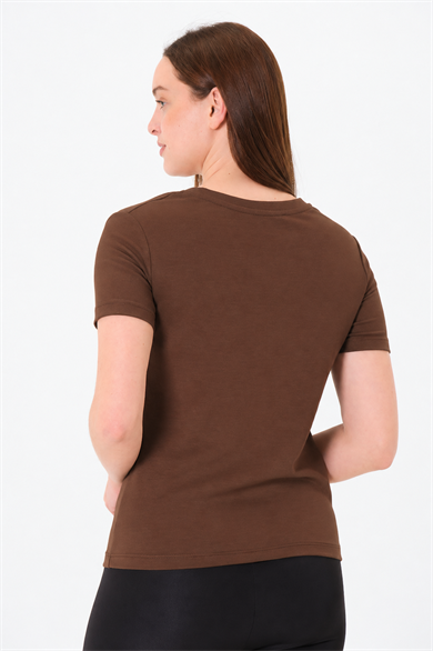 V Yaka Premium Modal Kumaş Basic Tişört - Kahverengi