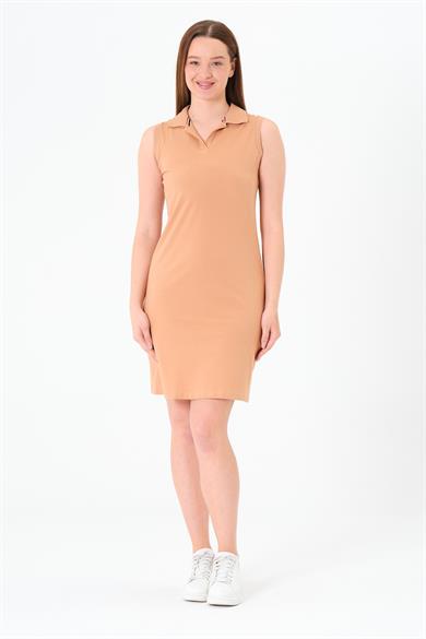 Polo Yaka Kolsuz Spor Mini Elbise Bej