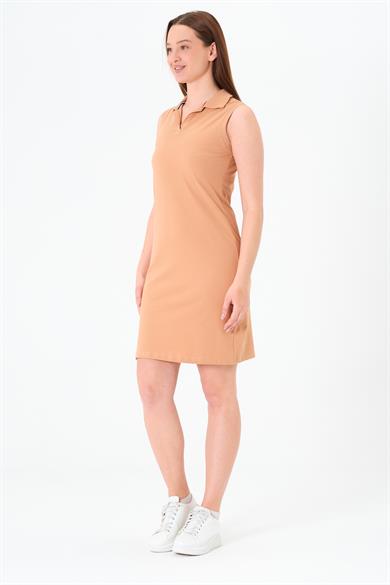 Polo Yaka Kolsuz Spor Mini Elbise Bej