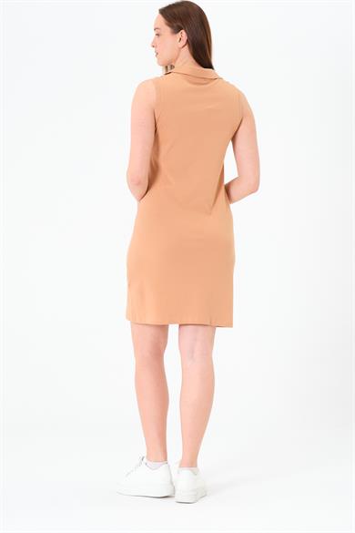 Polo Yaka Kolsuz Spor Mini Elbise Bej