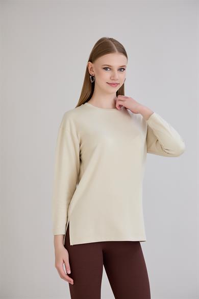 424 - U.Kol Yırtmaçlı Basic Tshirt Bej
