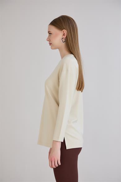 424 - U.Kol Yırtmaçlı Basic Tshirt Bej