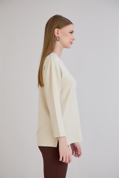 424 - U.Kol Yırtmaçlı Basic Tshirt Bej