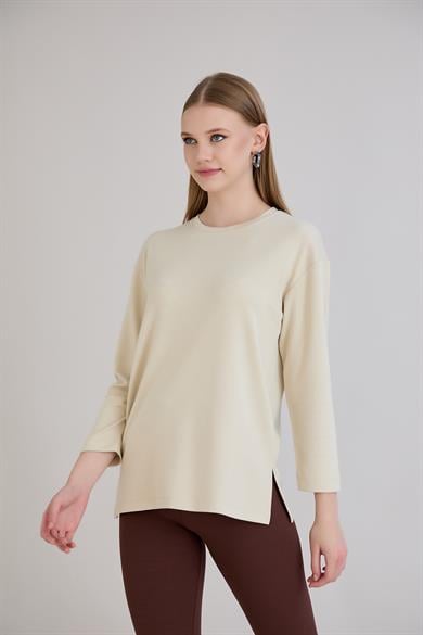 424 - U.Kol Yırtmaçlı Basic Tshirt Bej