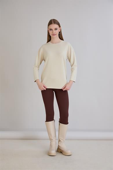 424 - U.Kol Yırtmaçlı Basic Tshirt Bej