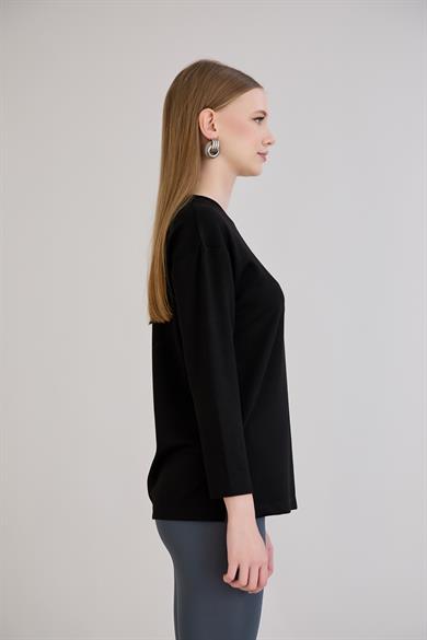 424 - U.Kol Yırtmaçlı Basic Tshirt Siyah
