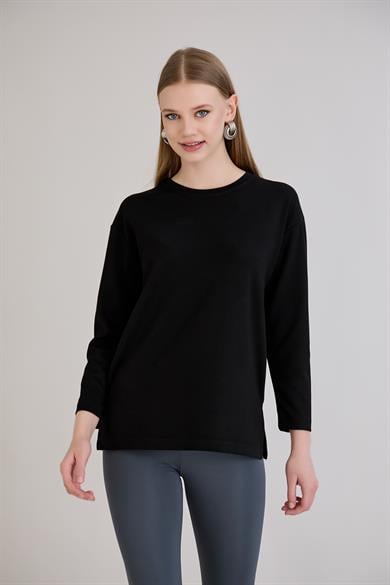 424 - U.Kol Yırtmaçlı Basic Tshirt Siyah
