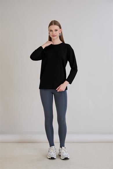 424 - U.Kol Yırtmaçlı Basic Tshirt Siyah