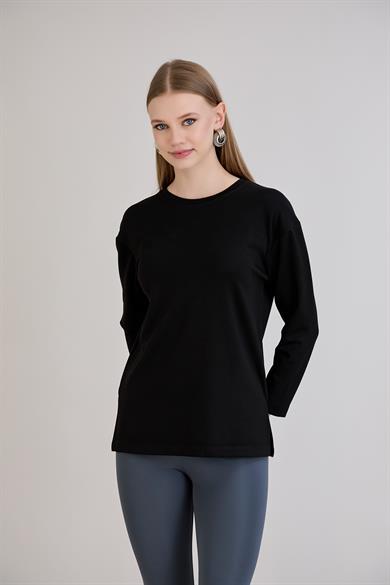 424 - U.Kol Yırtmaçlı Basic Tshirt Siyah