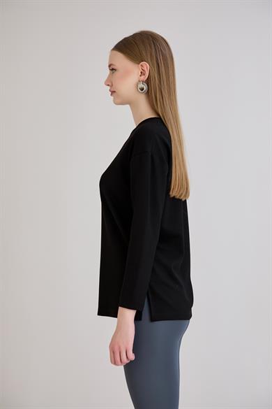 424 - U.Kol Yırtmaçlı Basic Tshirt Siyah