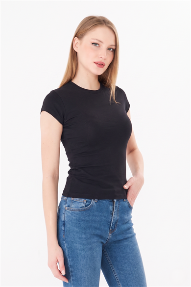 Bisiklet Yaka Pamuklu Fit Basic Tişört Siyah