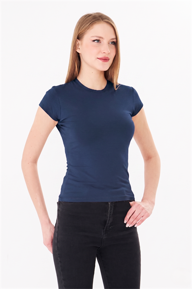 Bisiklet Yaka Pamuklu Fit Basic Tişört İndigo