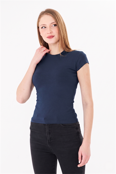 Bisiklet Yaka Pamuklu Fit Basic Tişört İndigo