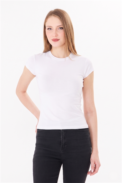 Bisiklet Yaka Pamuklu Fit Basic Tişört Ekru