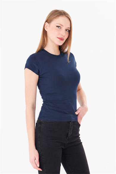 Bisiklet Yaka Pamuklu Fit Basic Tişört İndigo