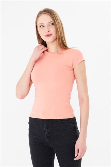 Bisiklet Yaka Pamuklu Fit Basic Tişört Pudra
